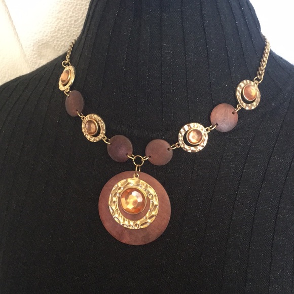 Textured Metal & wood disk necklace 22” - Picture 1 of 7